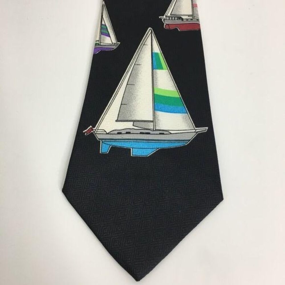 Umo Lorenzo Mens ITALIAN SILK Necktie Black Blue ESTATE Preppy OLD MONEY Sailing - Picture 2 of 7